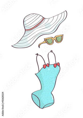 Sweet beach fashion with blue one piece swimsuit, white hat and yellow sunglasses. Cool and elegant summer accessories.