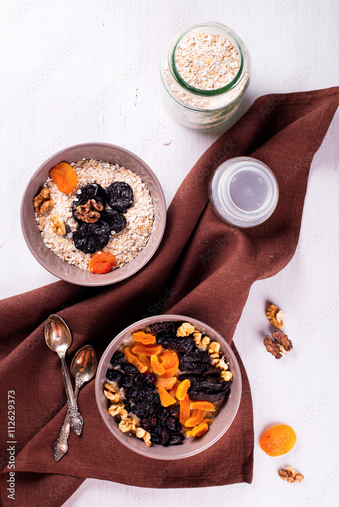 Oatmeal with raisins, dried apricots, plums