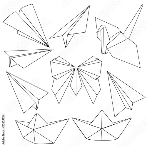 Vector Set of Black Line Art Origami Shapes on White Background