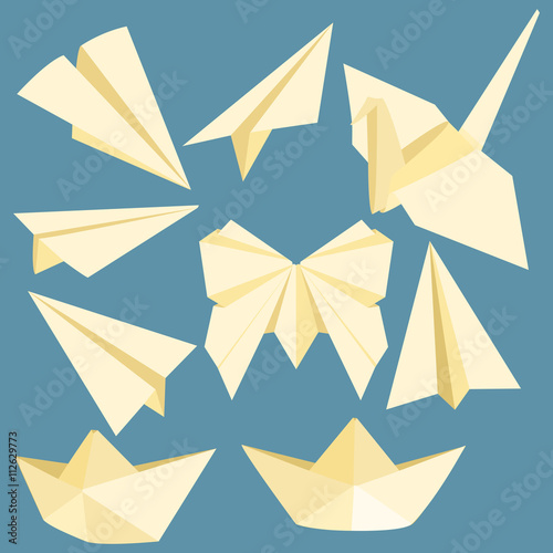 Vector Set of Flat Yellow Origami Shapes on Blue Background