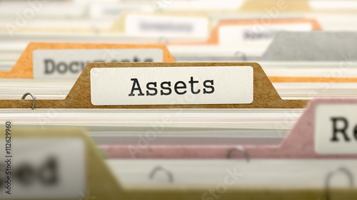 File Folder Labeled as Assets in Multicolor Archive. Closeup View. Blurred Image. 3D Render.