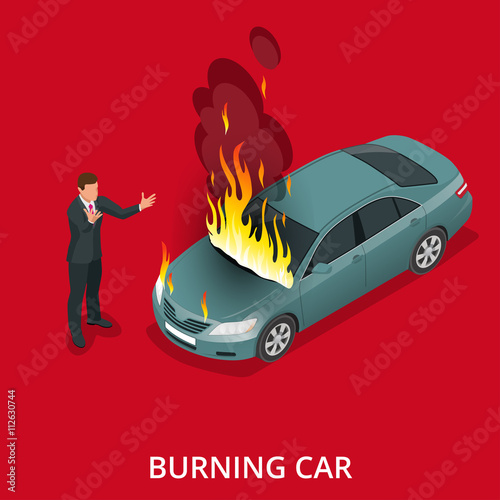 Burning car on the road. Fire suddenly started engulfing the car. Flat 3d vector isometric illustration.