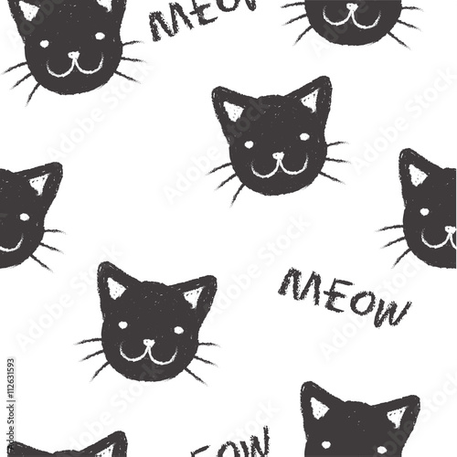 Seamless pattern with hand drawn black faced kitten with inscription MEOW