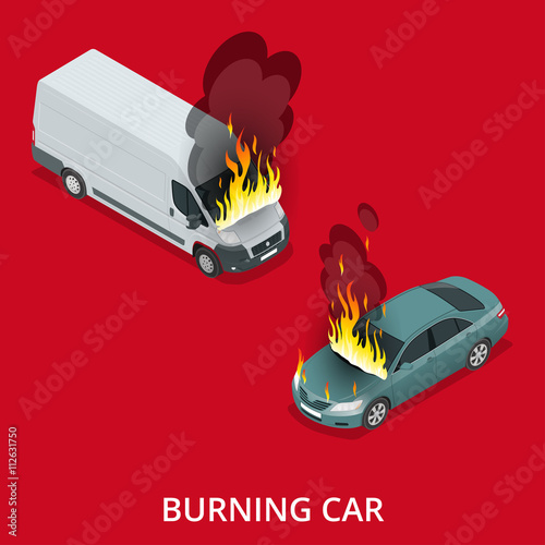 Burning car on the road. Fire suddenly started engulfing the car. Flat 3d vector isometric illustration.