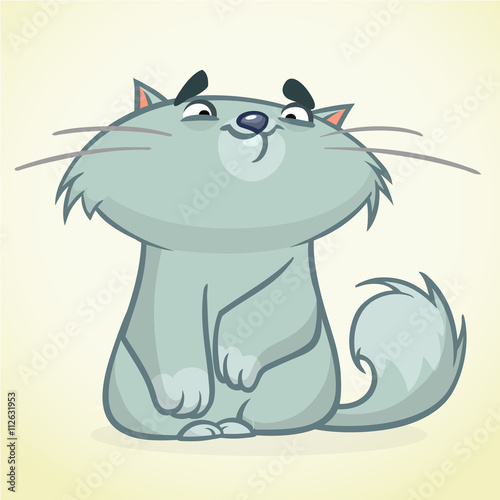 Vector illustration of a cute smiling blue fat cat. Fat stripped cat cartoon 