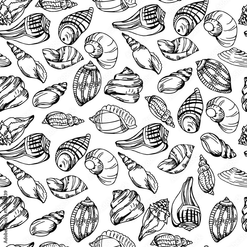 Vector sea pattern. Summer background with shell elements. Repeating print background texture.