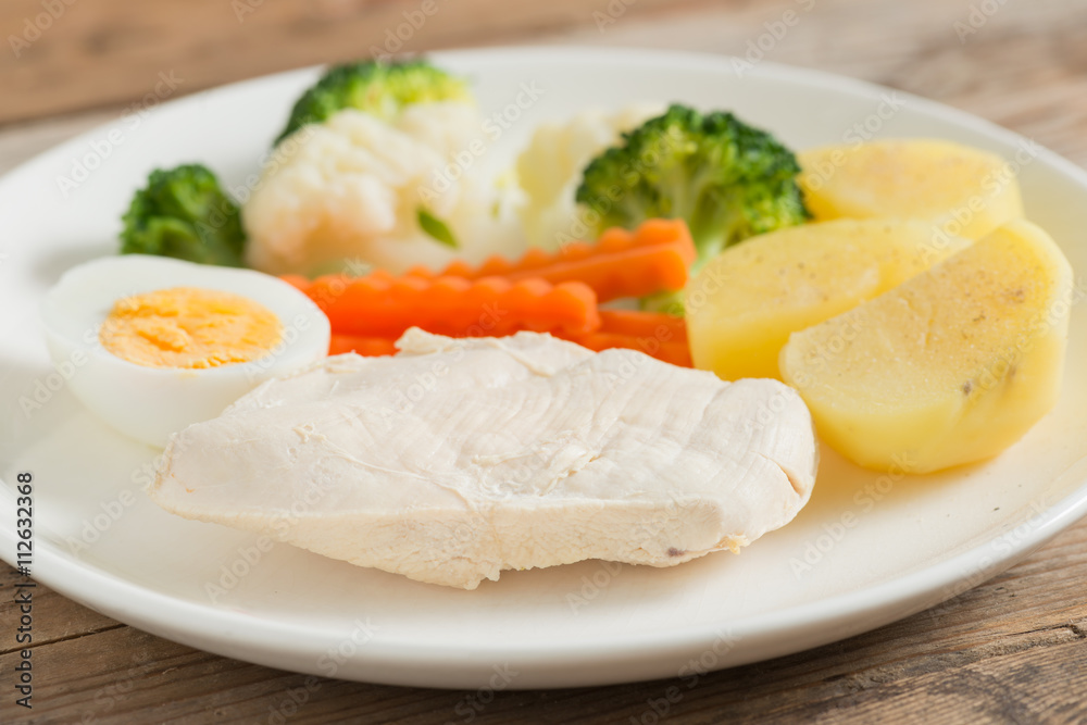 Clean food, Boiled chicken breasts and egg with vegetables. Clean food, Boiled chicken breasts and egg with vegetables.
