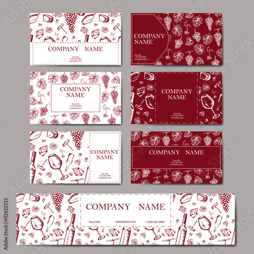 Set of business cards. Wine company. Restaurant red theme. Vector winery illustration.