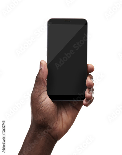 Male hand holding a smartphone isolated on white