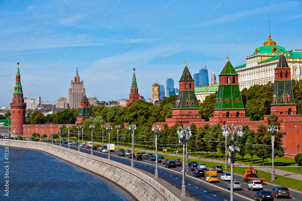Panorama view of Moscow city, Russia. Postcard with Moscow Kremlin view.