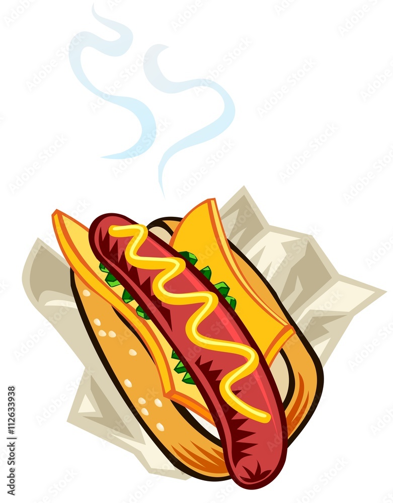 Hot dog from a stand, with mustard, cheese and relish Hot dog from a stand, with mustard, cheese and relish