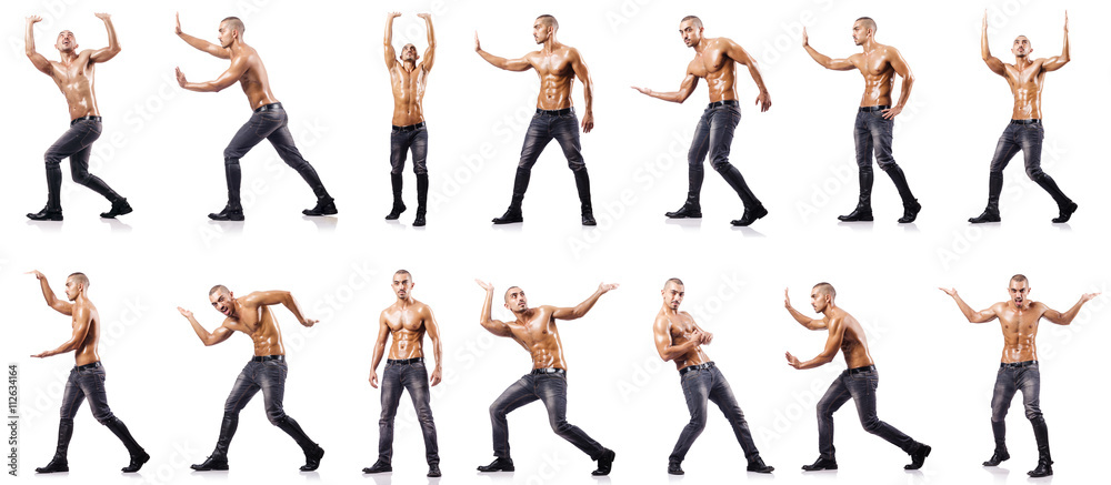 Ripped man pushing away virtual obstacle