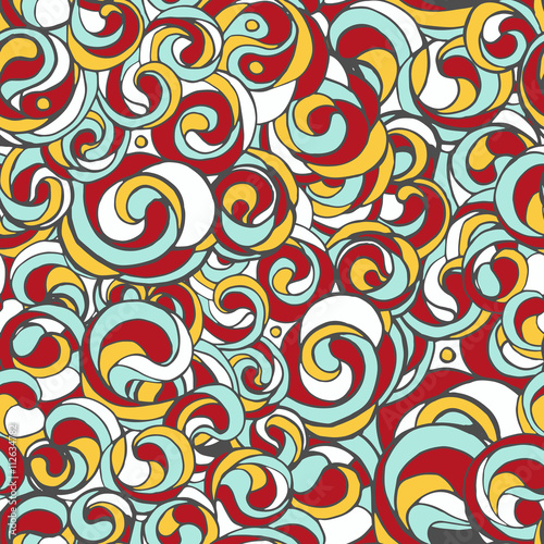 Beautiful seamless color pattern in doodle style, hand-drawn. Bright interlacing loops, waves and curls, juicy summer colors perfect for decoration fabrics, packaging, web design. Vector pattern.