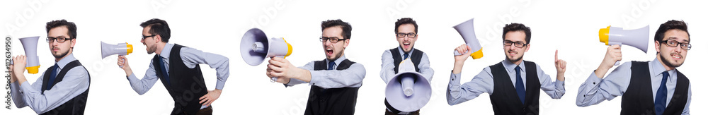 Collage of young businessman with loudspeaker on white Collage of young businessman with loudspeaker on white