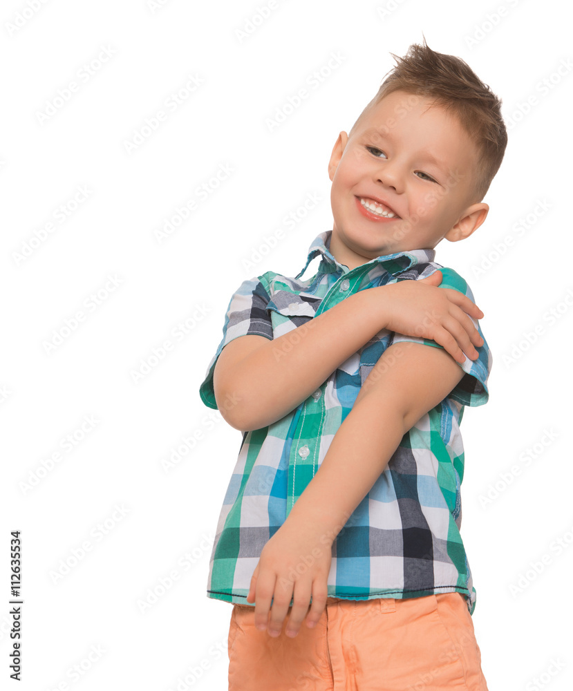 A little blond boy with a fashionable hairstyle on his head, a plaid shirt  and orange shorts fun laughs - Isolated on white background Stock Photo |  Adobe Stock