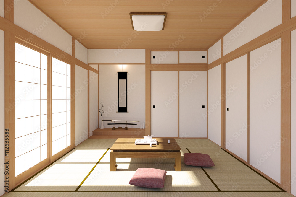 Japanese living room interior in traditional and minimal design with Tatami  mat floor, Japanese Shoji door and Japanese sword Illustration Stock |  Adobe Stock