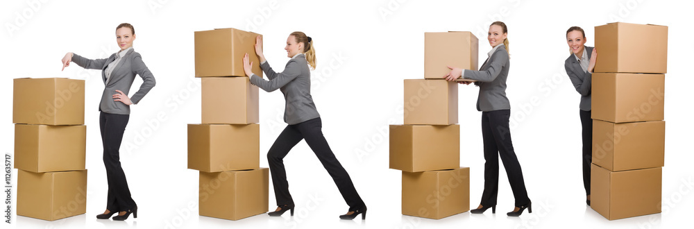 Composite image of woman with boxes on white Composite image of woman with boxes on white