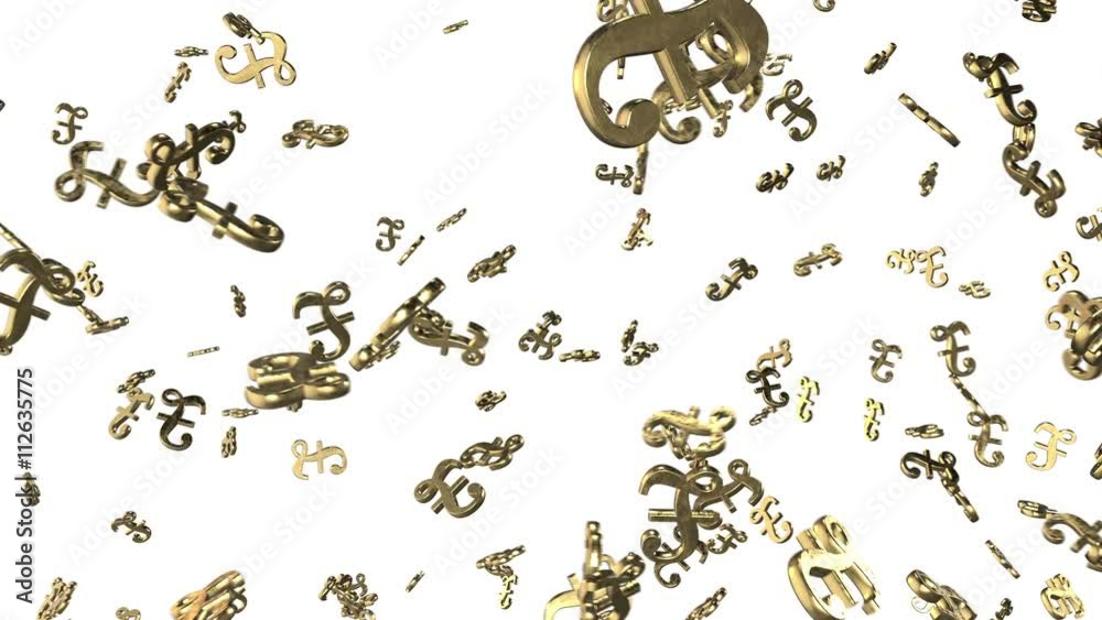 Looped animated background with chaotic spinning 3d golden pound sterling marks. Seamless loop. 4k. Looped animated background with chaotic spinning 3d golden pound sterling marks. Seamless loop. 4k.