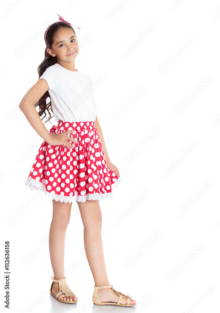 Beautiful, dark-haired girl the girl in a beautiful red white dress ...