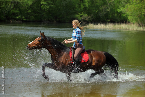 Beautiful bay horse in the river and beautiful woman
