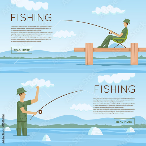 Summer fishing. Summer landscape with the river. Hiking and outdoor forest camping. Flat design vector illustration.