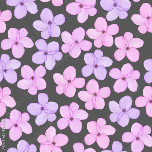 A seamless floral pattern with watercolor hand-drawn tender purple and pink spring flowers  painted on a dark background