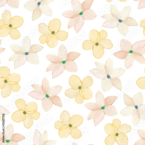 A seamless floral pattern with watercolor hand-drawn tender pink spring flowers, painted on a white background