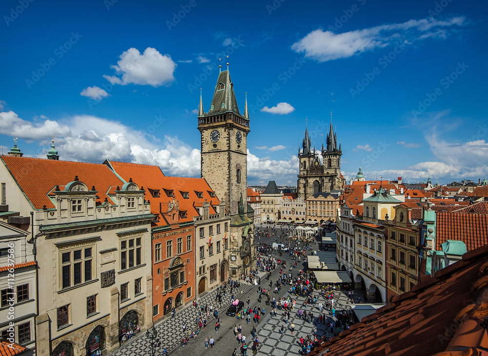 Prague, Czech Republic. Aerial day view to Old Town square Starometska in Praha.