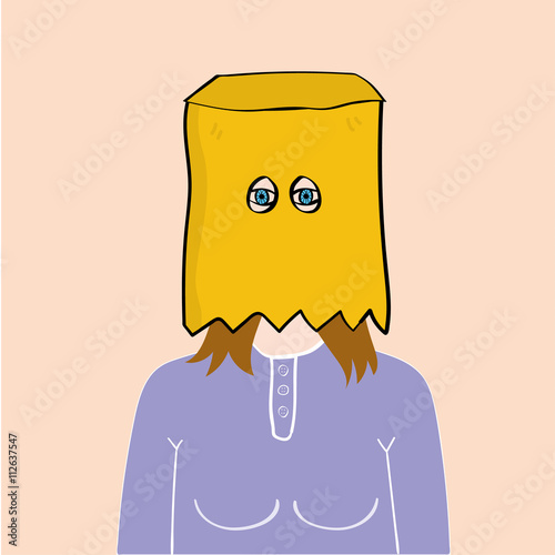 Head and shoulders of a young girl or woman with a brown paper bag over head and holes cut out for her eyes