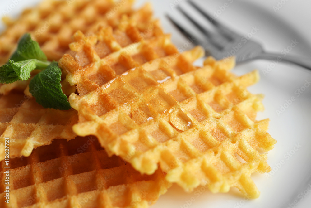 Tasty waffles with honey and mint on plate Tasty waffles with honey and mint on plate