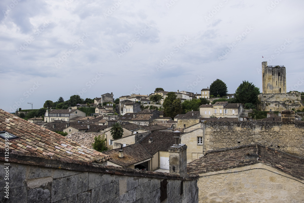 View across the rooftops to St Emilion Castle