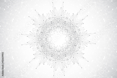 Geometric abstract mandala with connected line and dots. Graphic composition for medicine, science, technology, chemistry. Molecule, communication background. Vector illustration.