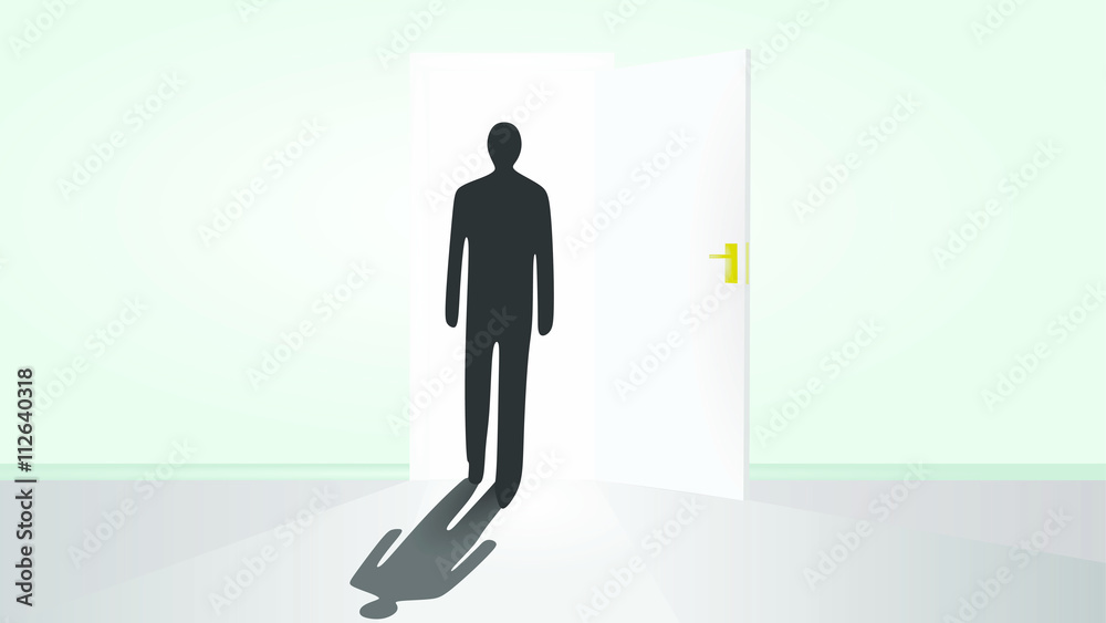 Man silhouette walk to open door Man silhouette walk to open door