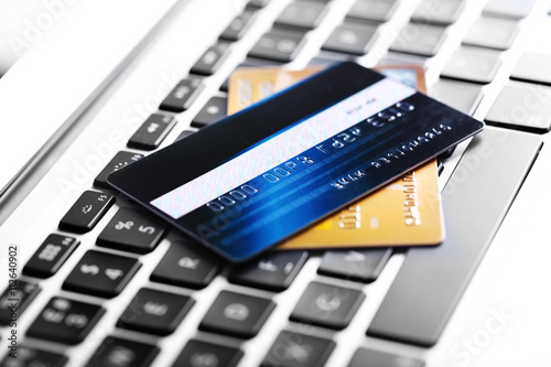 Credit cards on keyboard, c...