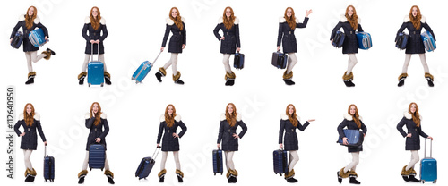 Woman with suitcase preparing for winter vacation