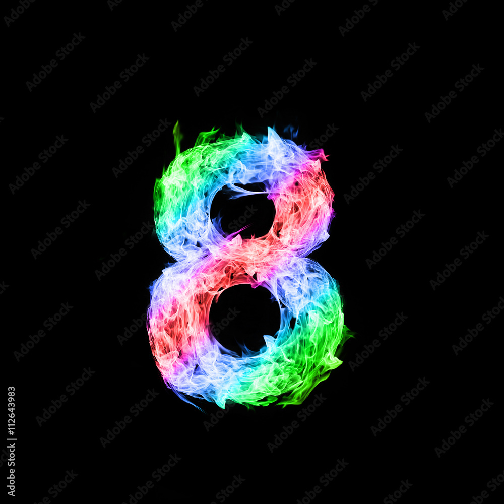colorful of number eight made from flame on black background