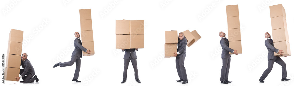 Collage of photos with man and boxes Collage of photos with man and boxes