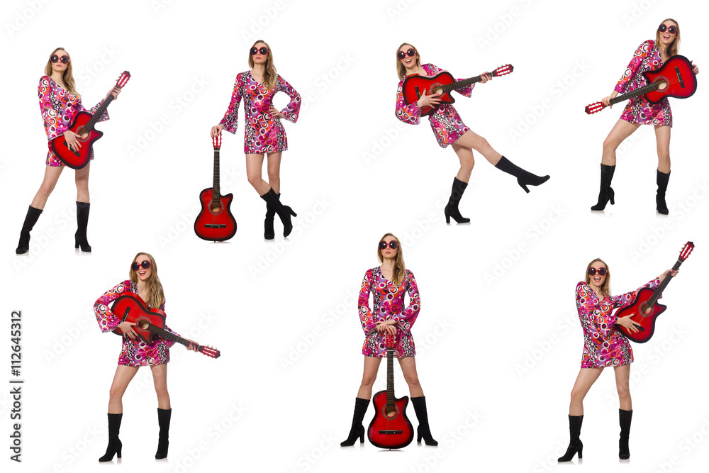 Woman guitar player isolated on white