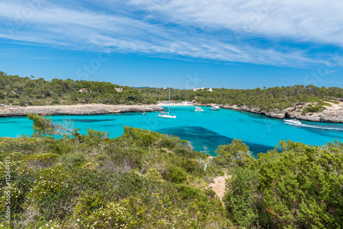 Fototapeta Naklejka Na Ścianę i Meble -  Sailing boats at Cala Mondrago - beautiful beach and coast of Mallorca