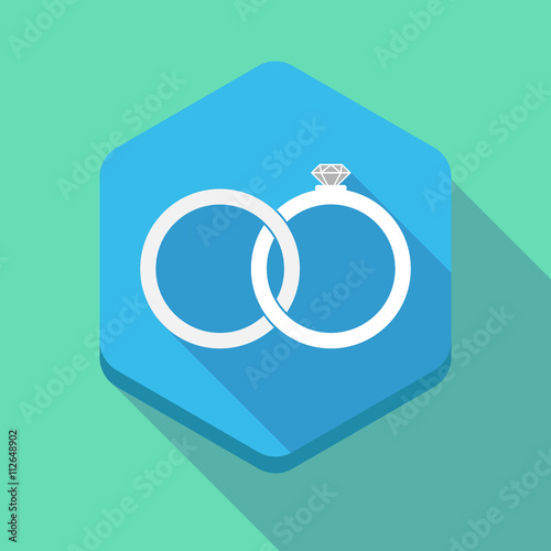 Long shadow hexagon icon with two bonded wedding rings