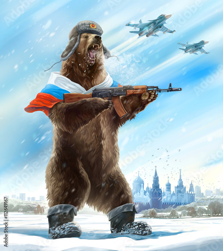 Grotesque (caricature) character. Furious bear with a kalashnikov assault rifle  is wearing a soldier cap. Comic image of Russia and the USSR. Propaganda cliche. photo