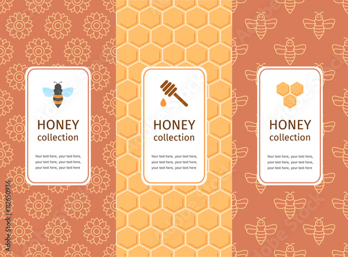 Honey label, logo, sticker design elements. Vector packaging template with seamless patterns. Warm color palette of golden tints
