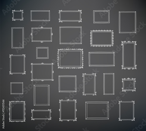 Big set of hand drawn decorative square photo frames. Vintage frames. Hand drawn with chalk on the black chalkboard. Doodles, sketch for your design. Vector illustration.