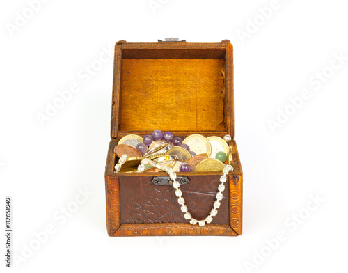 Open treasure chest with jewelry and money