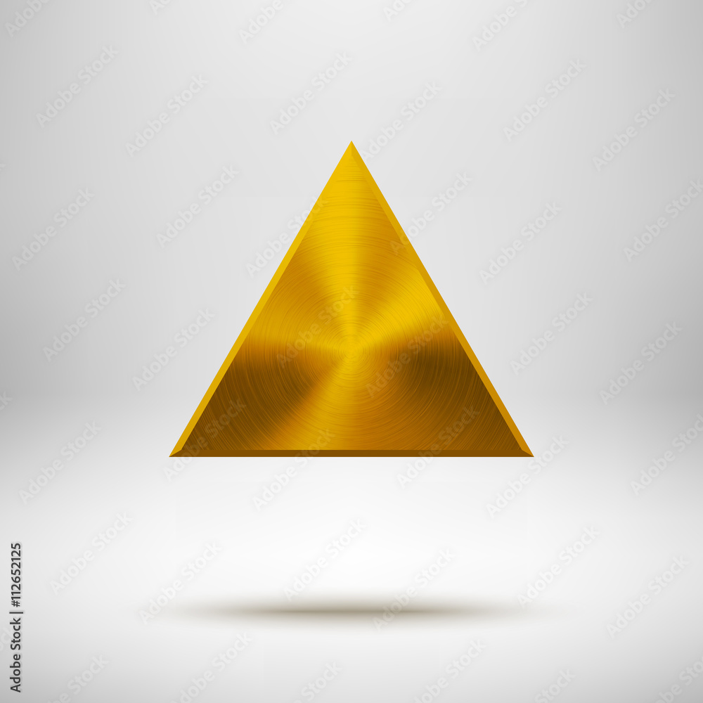 Gold abstract triangle badge, technology blank button template with metal texture, chrome, silver, steel and realistic shadow for logo, design concepts, apps, web and prints. Vector illustration.