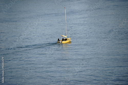 Segelsport / Ein gelbes Segelboot segelt bei schönem Wetter auf dem Rhein.