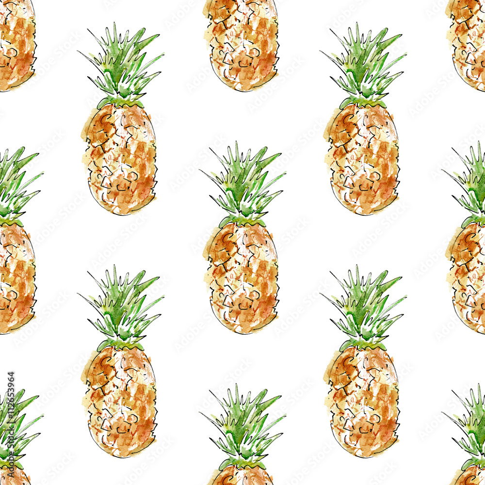 Seamless Pattern With Fruit Pineapple Food Picture Watercolor Hand Drawn Illustration White