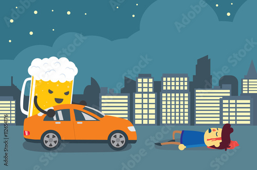 Beer control a car to crashed one man die on the road of city at night. This illustration describe to car accident from drinking alcohol while driving car