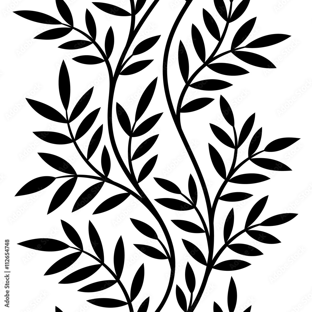 vector illustration, seamless pattern, decorative black and white wavy tree  branches with leaves on white background Stock Vector | Adobe Stock