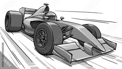 child's funny cartoon formula race car vector illustration art